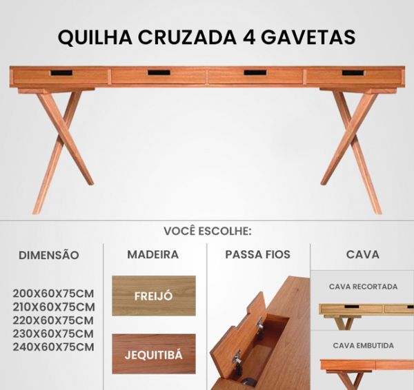 Escrivaninha Quilha Cruzada 4 Gavetas Madeira