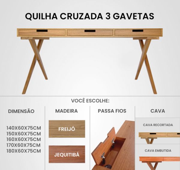 Escrivaninha Quilha Cruzada 3 Gavetas Madeira