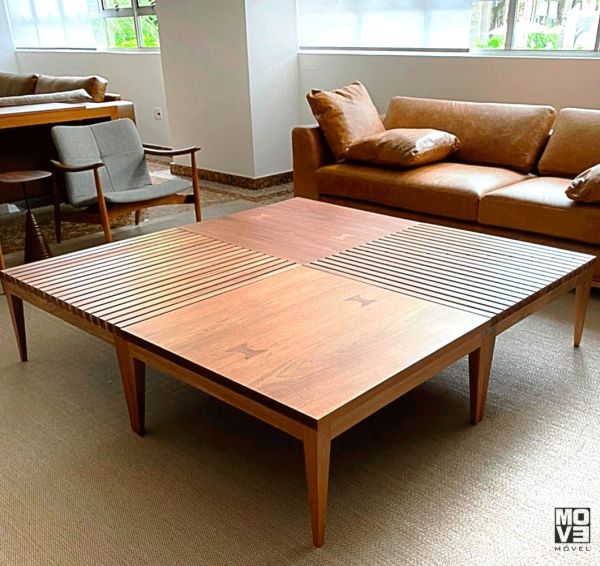 Mesa de Centro Quadrada Taco Composta por 2 Ripadas + 2 Marchetadas Madeira