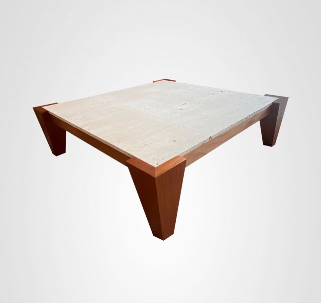 Mesa de Centro Quadrada 130 Taco Externo Madeira Travertino